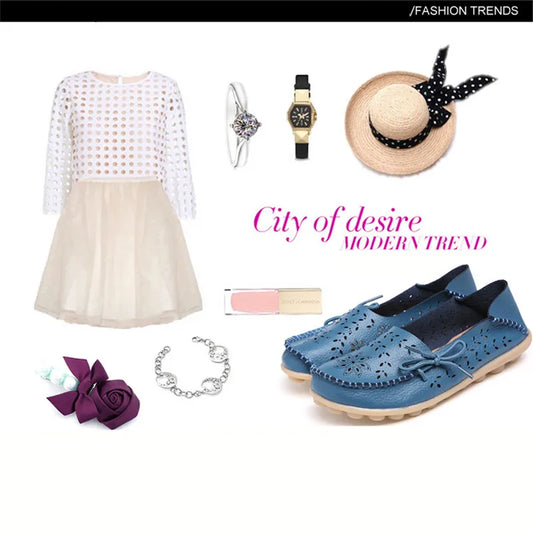 Women's Fashion Summer Footwear of Genuine Leather Sweet Loafers Flat Shoes with Round Toe for Soft Nurse Casual Working Slip On