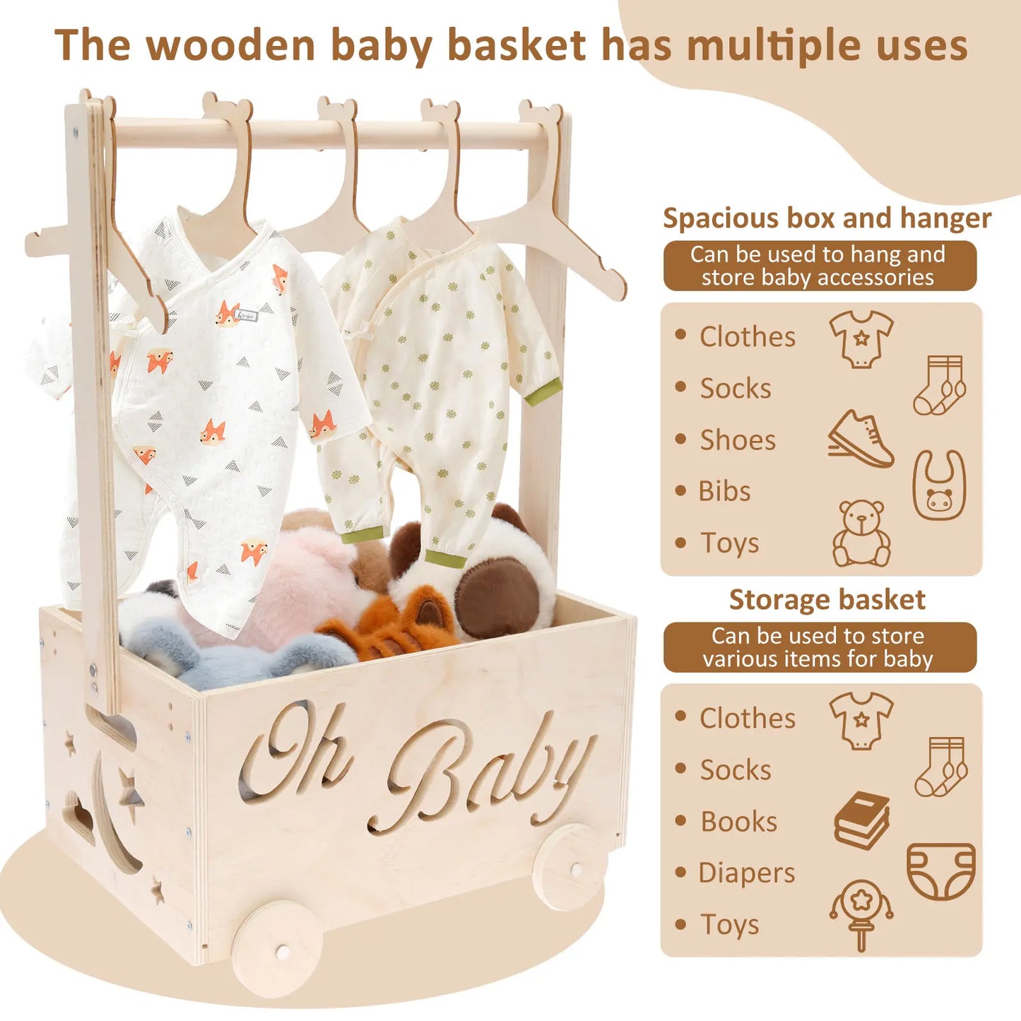 Wooden Baby Shower Box Wheel Equipped Baby Gear Pushable Storage Chest with Handle and Hanger for Clothes Diaper Toy