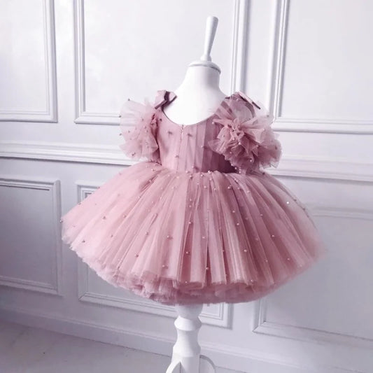 Baby Girls Party Dresses For 1st Birthday Elegant Children Tutu Dresses Pearl Decoration Wedding Flower Girl Princess Vestidos