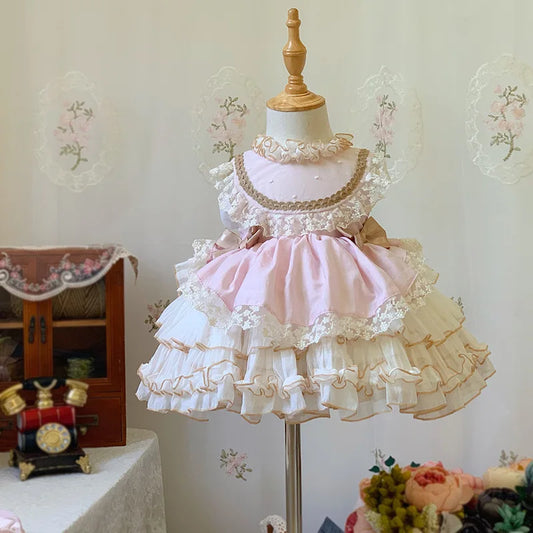 Girl's Lolita Dress Summer New Bow Lace Cake Princess Dress Birthday Banquet Wedding Flower Girl Performance Clothing