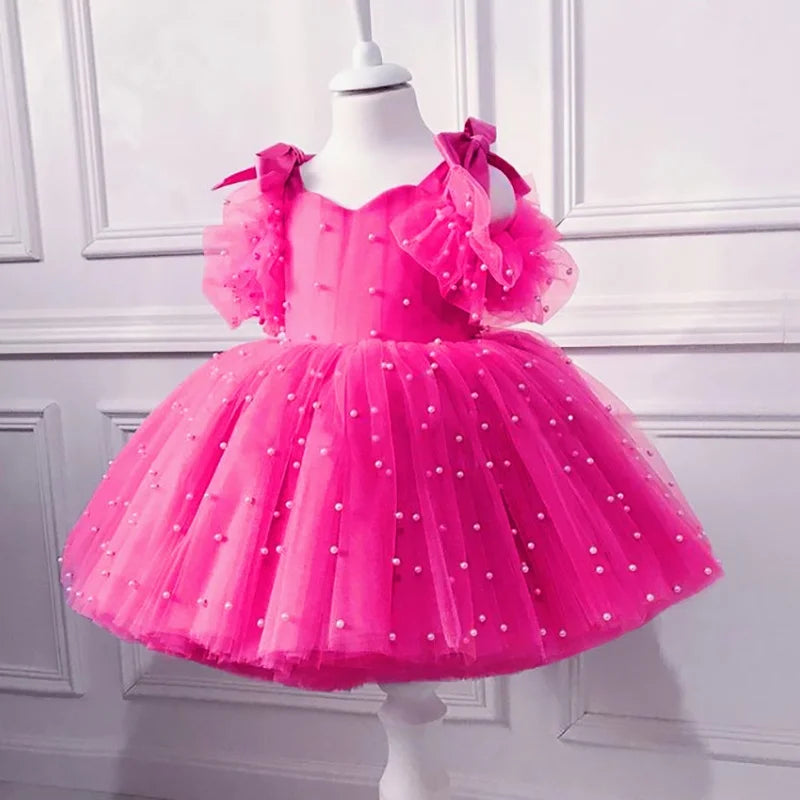 Baby Girls Party Dresses For 1st Birthday Elegant Children Tutu Dresses Pearl Decoration Wedding Flower Girl Princess Vestidos