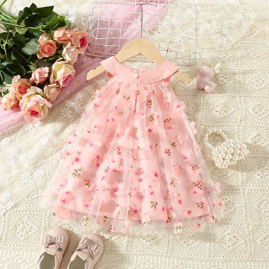Baby Girl Dresses Summer Full Printed Flower Mesh Princess Dresses Girl Bow Wedding Flower Girl Costumes