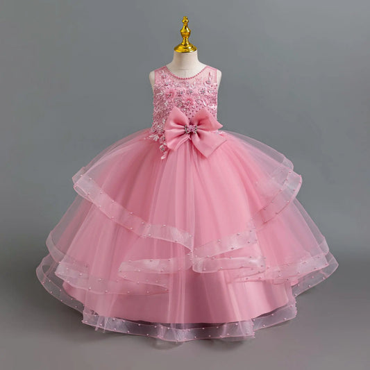 Girls Elegant Dresses Summer Flower Embroidery Princess Dress Girl Birthday Formal Party Dresses White Wedding Bridesmaid Dress