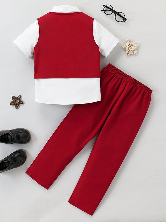Boys summer party dress white short-sleeved shirt with bow shirt + red vest + red trousers gentleman's suit