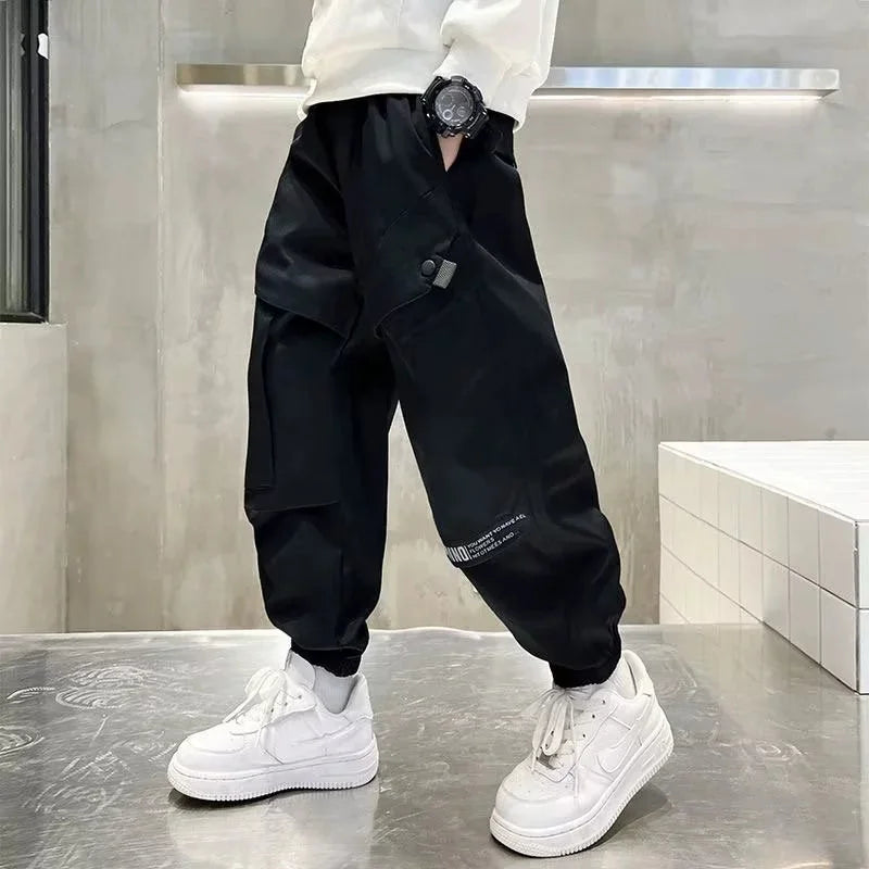 Boys Fashion Letter Print Cotton Cargo Pants 5-14 Years Spring Autumn Casual Sweatpants for Daily Outdoor Kids Clothes