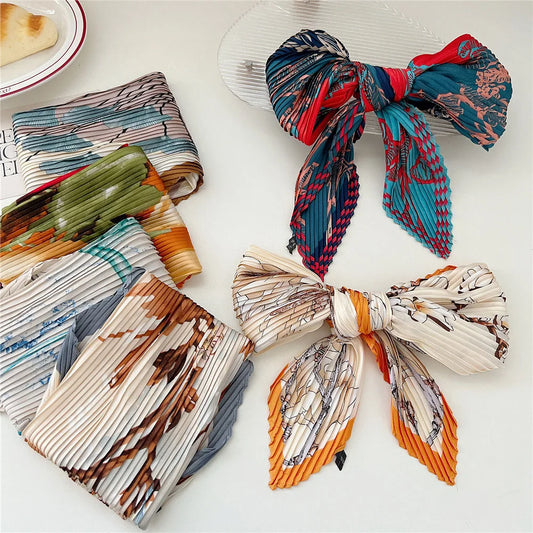 Silk Scarf Women Luxury Ladies Small Head Scarf Wholesale Scarves Headwraps Pleated Chiffon Hijabs Satin Hijabe Femme Bandanas
