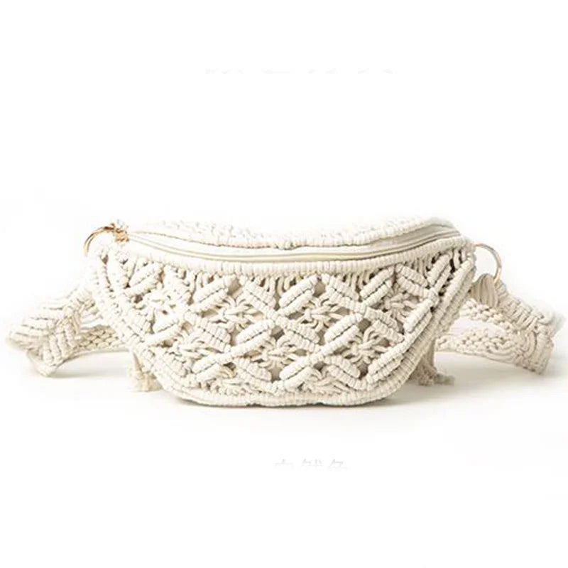 Women's Summer Beach Knitted Bag Bohemia Fanny Pack Fashion Ethnic Style Crochet Waist Bag Shoulder Bag Woven Outdoor Tote 2024