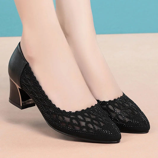 Women's Shoes 2024 Summer New Fashion Mid-heel Hollow Mesh Pumps for Women Black Elegant Party High Heels Shoes Female fashion