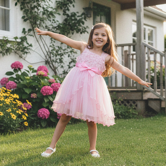 3-10Y Summer Little Girl Flower Dress Square Neck Sleeveless Princess Tulle Mesh Dresses for Wedding Party