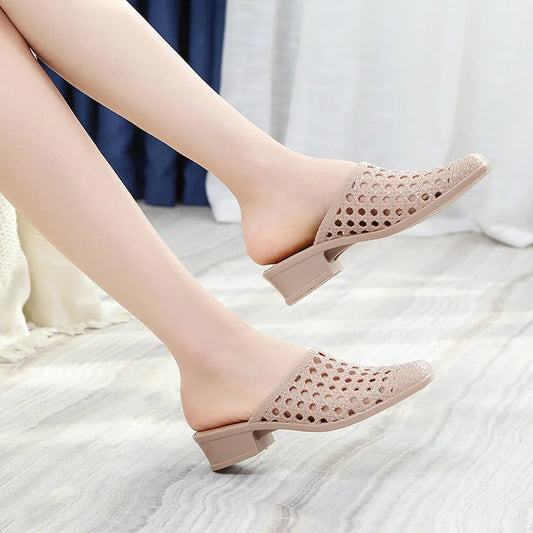 Women Summer Shoes Offer Casual Slip-on Square Toe Medium Heel Slippers Sandals Woman Beach Shoes Zapatos De Mujer