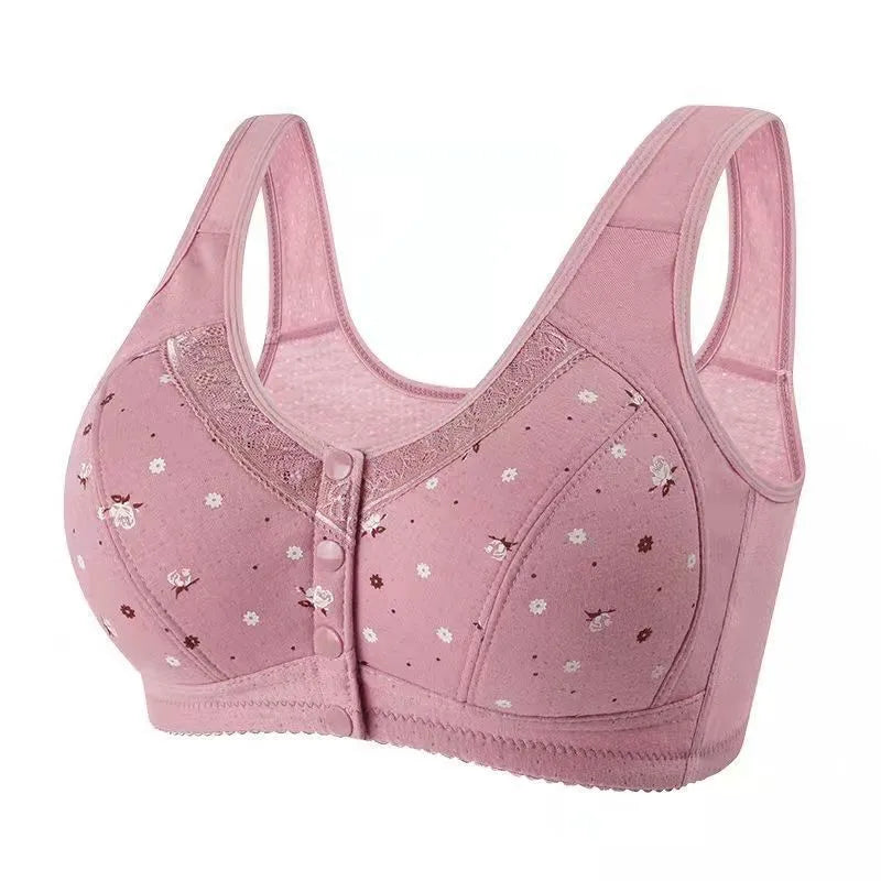 Women'S Underwear Without Steel Ring Bra Front Buckle Lace Border Printed Vest Bra Comfortable Soft Middle-Aged Elderly