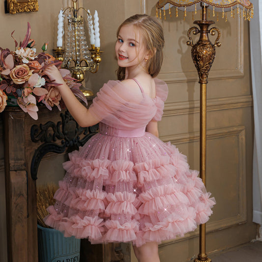 Girl's One-Shoulder Cake Dress for Important Holidays, Dance Parties, Piano Performances, Model Performances, Birthday Parties, Princess Dresses, Flower Girl Dresses