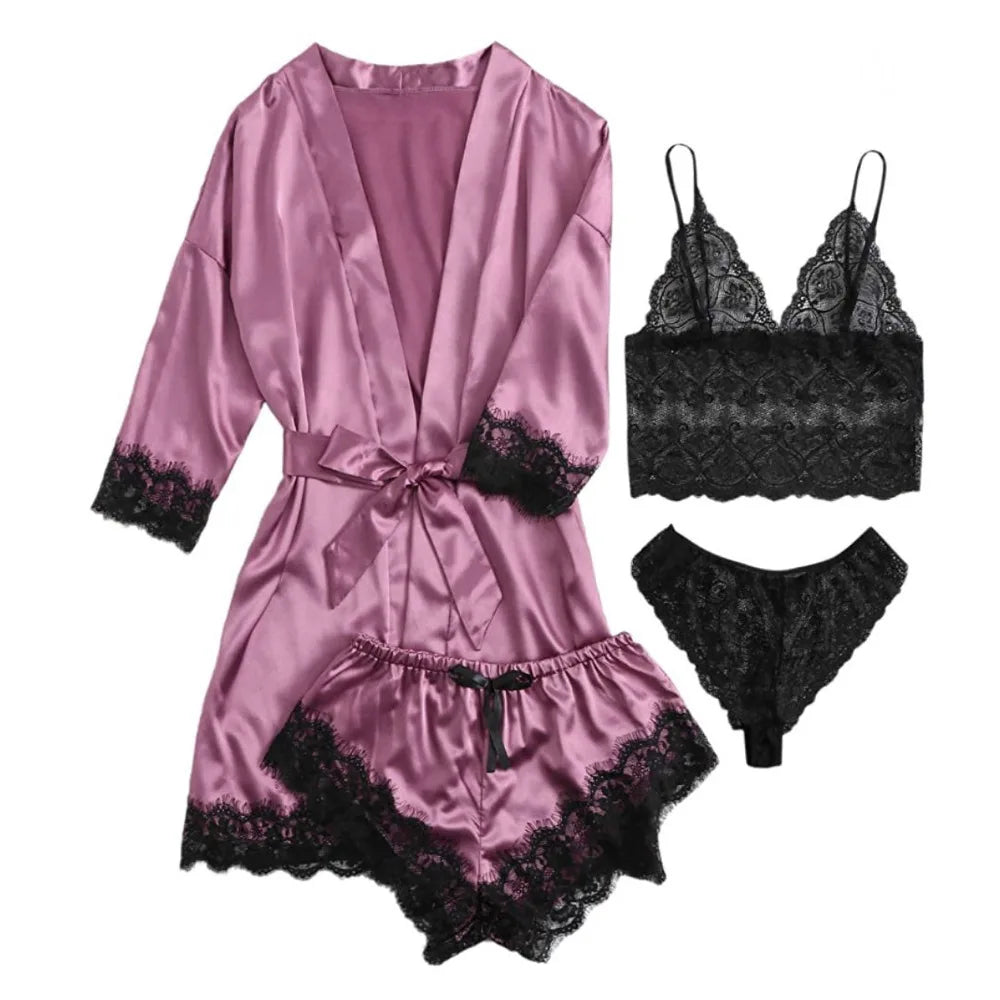 Women Homewear Elegant Satin Pajamas Outfit Bowknot V-Neck Shorts Camisole Nightdress Loose Panties Lace Sleepwear Sets Summer