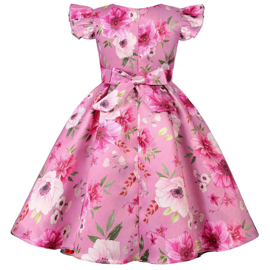 Children's Summer Dresses Fashion Flower Print Dress For Girls Flying Sleeve Bowknot Princess Dress Kids Girl Clothes Outfits