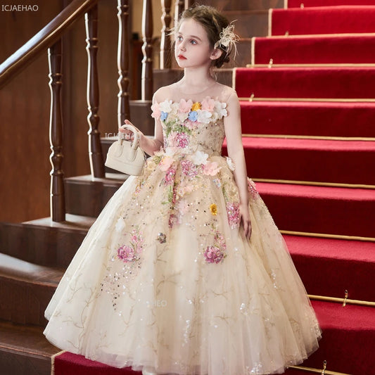 Elegant Girls Party Dress with Flowers for Girl Wedding Children Pageant Gown Dresses Little Host Piano Recital Flower Eids