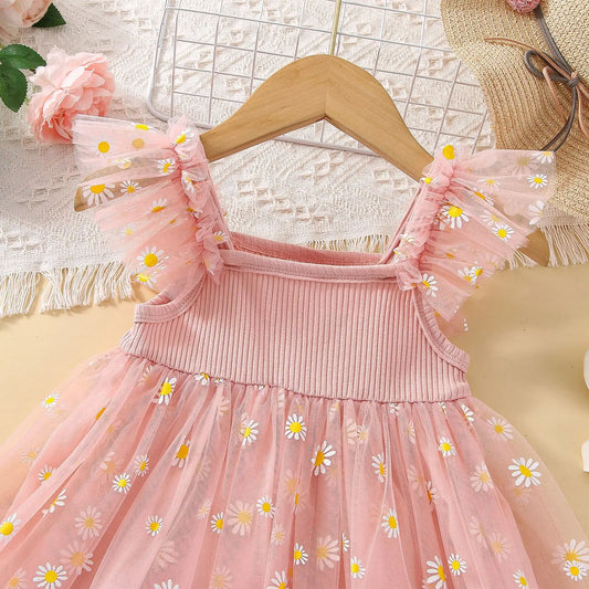 Baby Girl Dress Summer Daisy Mesh Girl Princess Dress Cute Flying Sleeves Girl Wedding Flower Girl Dress