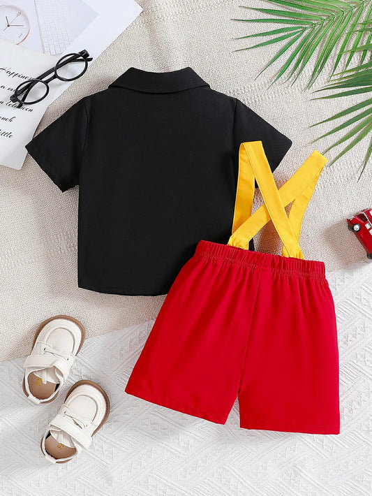 Summer New Arrival Boys’ Suit, British Style Children’s Fashion Clothing with Short-Sleeved Shirt and Striped Overalls Two-Piece