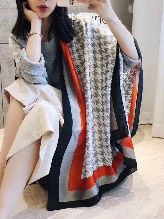 Fashion Scarf Women's Luxury Design Scarf Silk Smooth Scarf Ladies Houndstooth Pattern Soft Headband Shawl Beach180*90cm