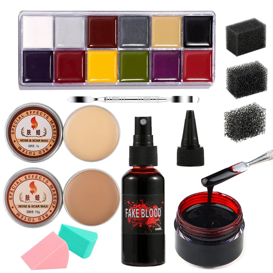 Special Effects SFX Halloween Makeup Kit - 12 Colors Face Body Paint Palette + Scar Wax with Spatula Tool + Fake Blood+Spong