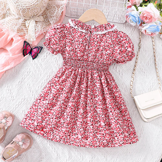 Girl's summer cute ruffled waist cinched floral print casual dress