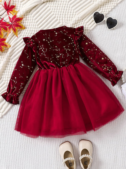 Toddler Girl Party Dress Autumn Winter 1-8 Years Children Christmas And New Year Princess Dress Red Velvet Gown Stars Mesh Dress