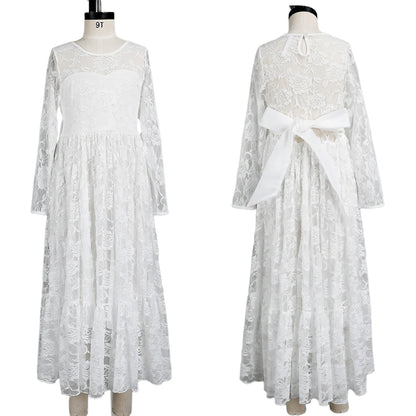 2-12 Year Flower Girl Dresses White Beige Long Sleeve Summer Dress Communion Toddler Kids Christening Wedding Bridesmaid Clothes