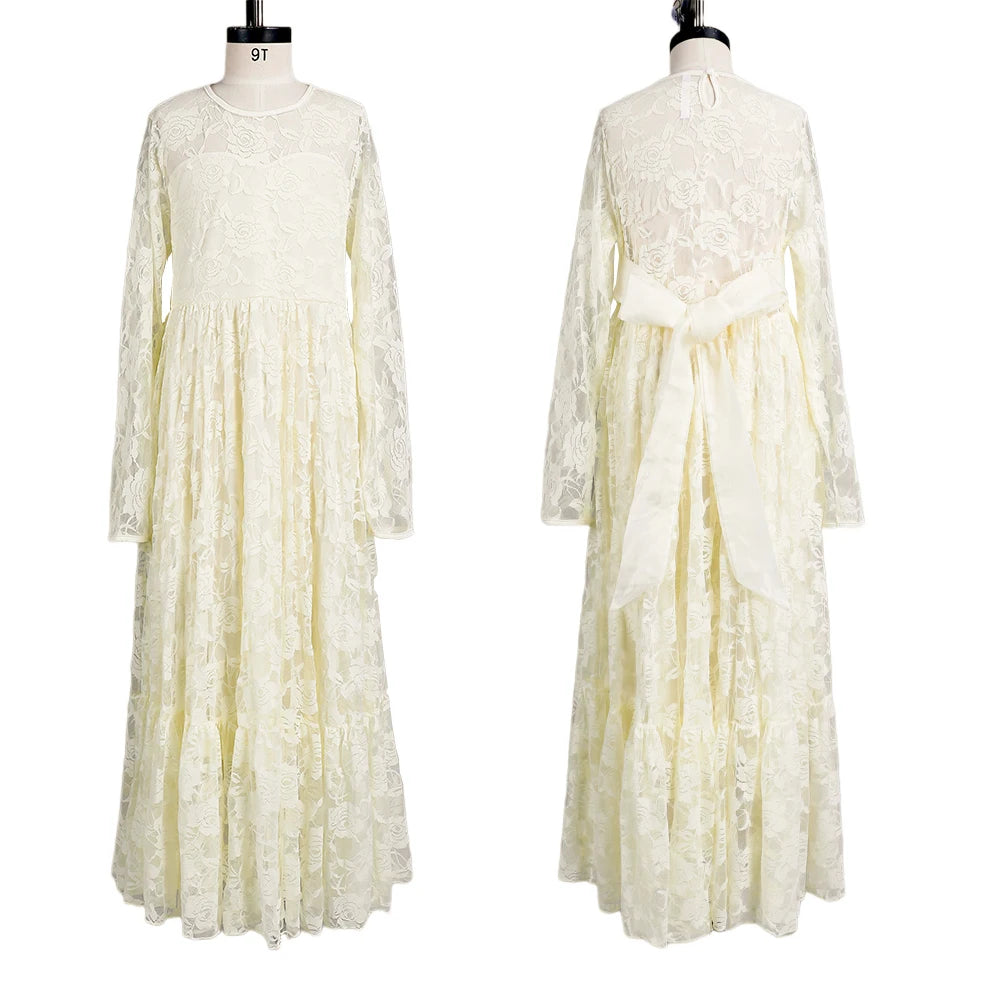 2-12 Year Flower Girl Dresses White Beige Long Sleeve Summer Dress Communion Toddler Kids Christening Wedding Bridesmaid Clothes