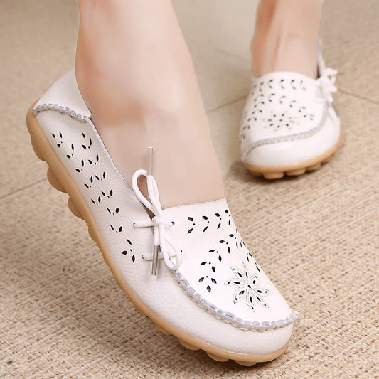 Women's Fashion Summer Footwear of Genuine Leather Sweet Loafers Flat Shoes with Round Toe for Soft Nurse Casual Working Slip On