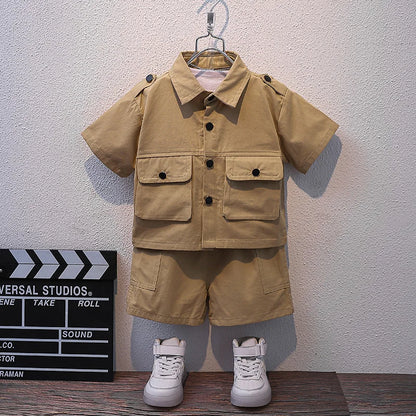 Summer Kids 2026 Summer New Boys Suit Child Buttons Shirt Cargo Shorts Multi-pocket Workwear Suit Short Sleeve Shorts Cotton Set
