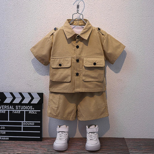Summer Kids 2026 Summer New Boys Suit Child Buttons Shirt Cargo Shorts Multi-pocket Workwear Suit Short Sleeve Shorts Cotton Set