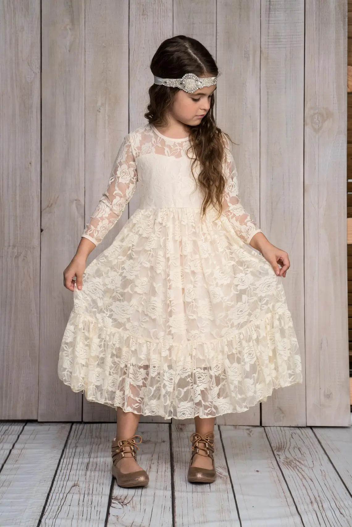2-12 Year Flower Girl Dresses White Beige Long Sleeve Summer Dress Communion Toddler Kids Christening Wedding Bridesmaid Clothes
