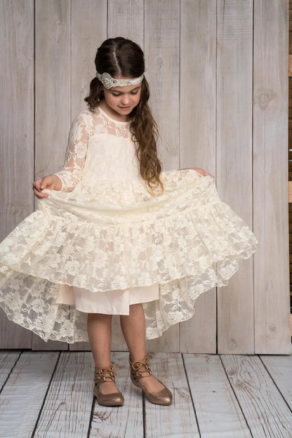 2-12 Year Flower Girl Dresses White Beige Long Sleeve Summer Dress Communion Toddler Kids Christening Wedding Bridesmaid Clothes