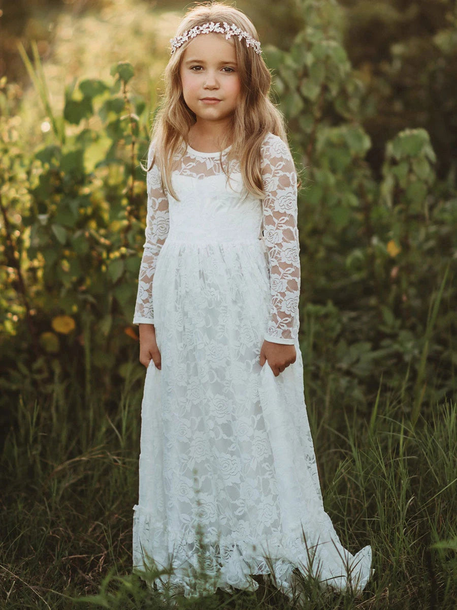 2-12 Year Flower Girl Dresses White Beige Long Sleeve Summer Dress Communion Toddler Kids Christening Wedding Bridesmaid Clothes