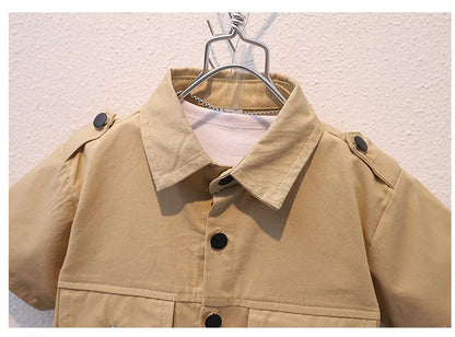 Summer Kids 2026 Summer New Boys Suit Child Buttons Shirt Cargo Shorts Multi-pocket Workwear Suit Short Sleeve Shorts Cotton Set