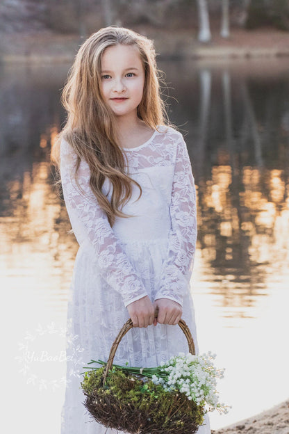 2-12 Year Flower Girl Dresses White Beige Long Sleeve Summer Dress Communion Toddler Kids Christening Wedding Bridesmaid Clothes