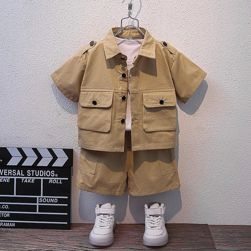 Summer Kids 2026 Summer New Boys Suit Child Buttons Shirt Cargo Shorts Multi-pocket Workwear Suit Short Sleeve Shorts Cotton Set