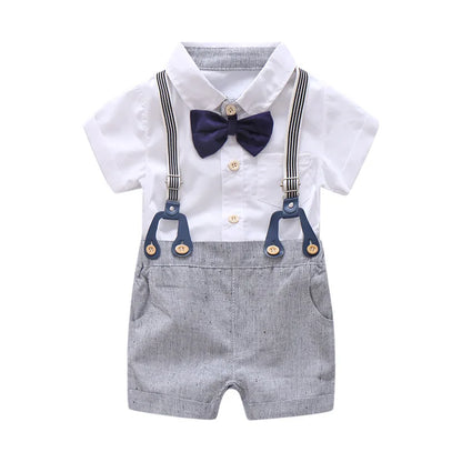 Newborn Baby Boy Summer Formal Clothes Set Bow Wedding Birthday Boys Overall Suit White Romper Shirt Toddler Gentleman Outfit