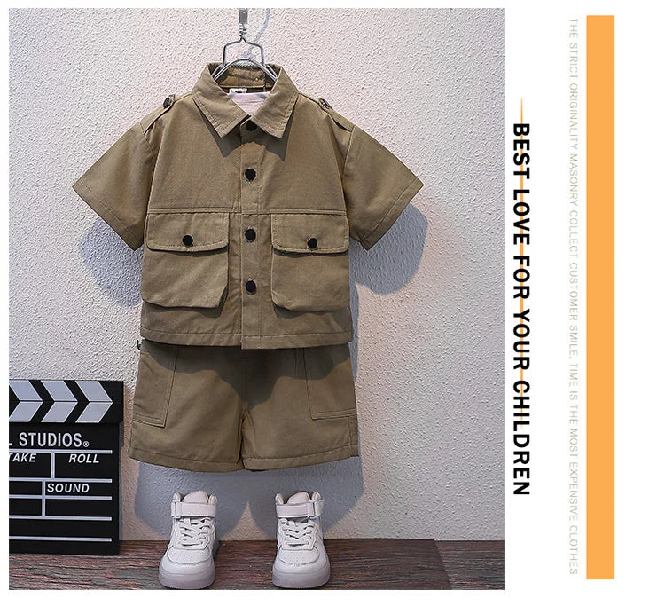 Summer Kids 2026 Summer New Boys Suit Child Buttons Shirt Cargo Shorts Multi-pocket Workwear Suit Short Sleeve Shorts Cotton Set