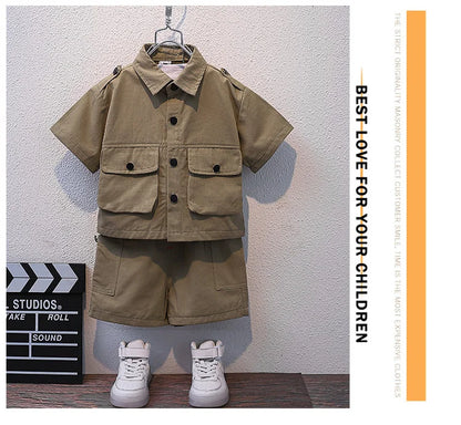 Summer Kids 2026 Summer New Boys Suit Child Buttons Shirt Cargo Shorts Multi-pocket Workwear Suit Short Sleeve Shorts Cotton Set