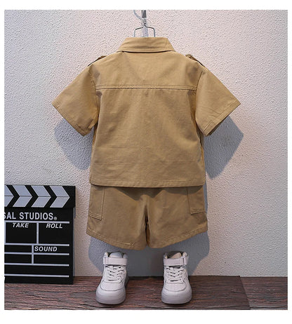Summer Kids 2026 Summer New Boys Suit Child Buttons Shirt Cargo Shorts Multi-pocket Workwear Suit Short Sleeve Shorts Cotton Set