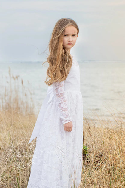 2-12 Year Flower Girl Dresses White Beige Long Sleeve Summer Dress Communion Toddler Kids Christening Wedding Bridesmaid Clothes