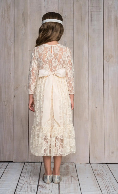 2-12 Year Flower Girl Dresses White Beige Long Sleeve Summer Dress Communion Toddler Kids Christening Wedding Bridesmaid Clothes