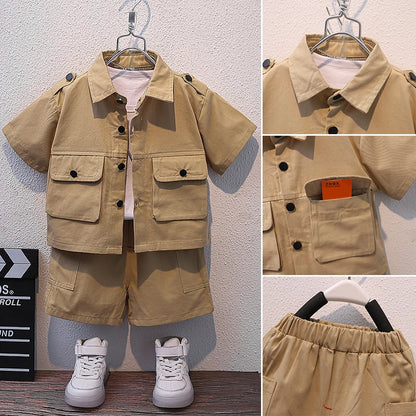 Summer Kids 2026 Summer New Boys Suit Child Buttons Shirt Cargo Shorts Multi-pocket Workwear Suit Short Sleeve Shorts Cotton Set
