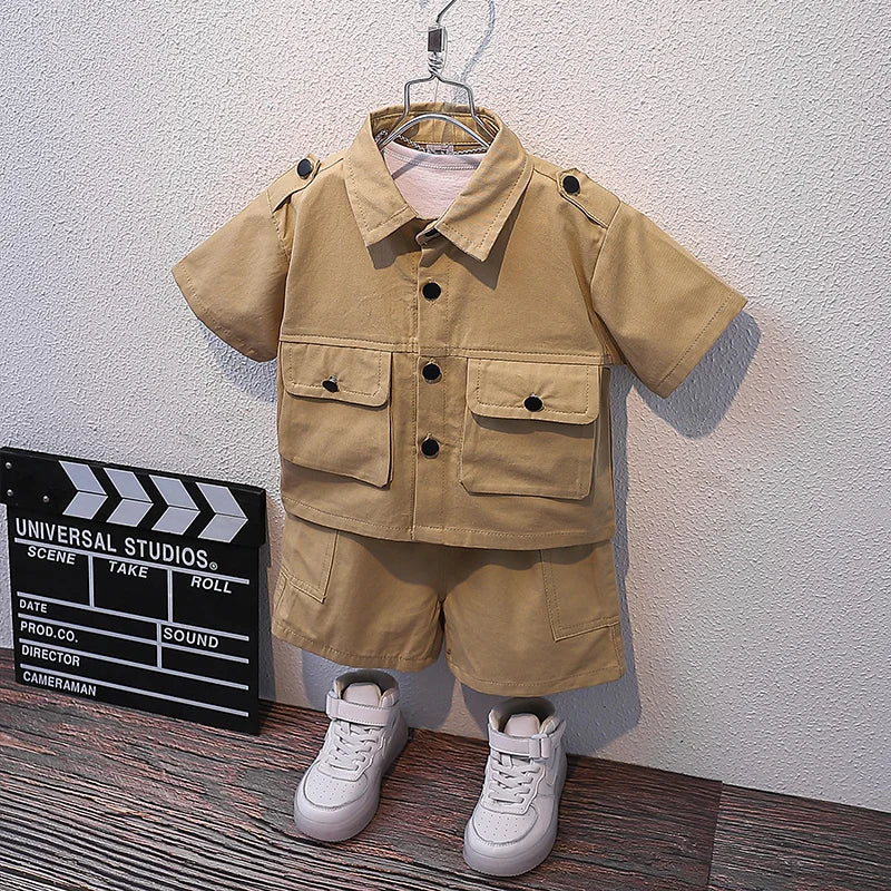 Summer Kids 2026 Summer New Boys Suit Child Buttons Shirt Cargo Shorts Multi-pocket Workwear Suit Short Sleeve Shorts Cotton Set