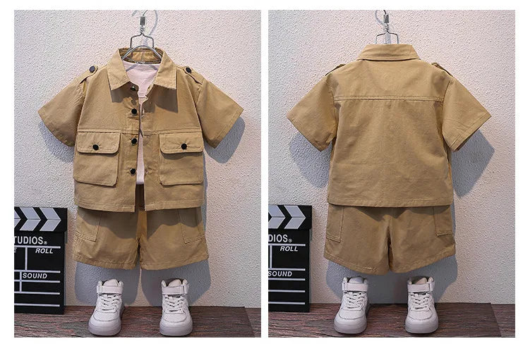 Summer Kids 2026 Summer New Boys Suit Child Buttons Shirt Cargo Shorts Multi-pocket Workwear Suit Short Sleeve Shorts Cotton Set