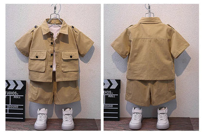 Summer Kids 2026 Summer New Boys Suit Child Buttons Shirt Cargo Shorts Multi-pocket Workwear Suit Short Sleeve Shorts Cotton Set