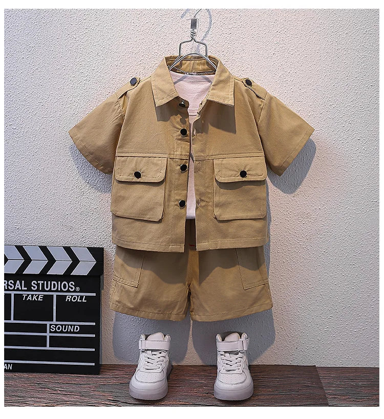 Summer Kids 2026 Summer New Boys Suit Child Buttons Shirt Cargo Shorts Multi-pocket Workwear Suit Short Sleeve Shorts Cotton Set