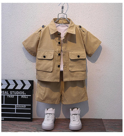 Summer Kids 2026 Summer New Boys Suit Child Buttons Shirt Cargo Shorts Multi-pocket Workwear Suit Short Sleeve Shorts Cotton Set