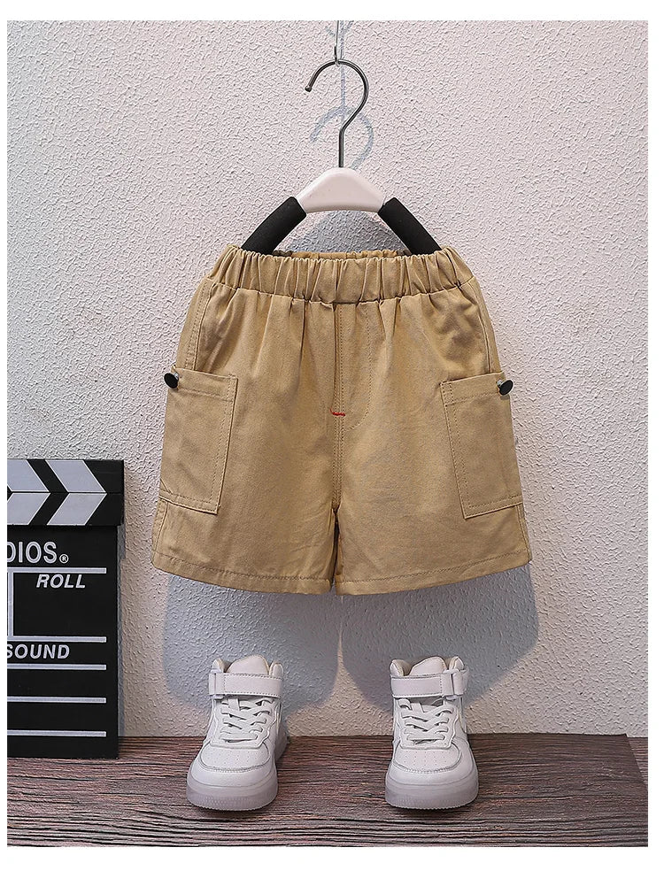 Summer Kids 2026 Summer New Boys Suit Child Buttons Shirt Cargo Shorts Multi-pocket Workwear Suit Short Sleeve Shorts Cotton Set