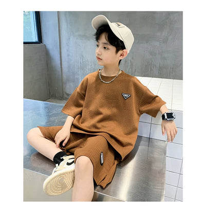 New Summer Boys Clothes Sets Teen Short Sweatshirt + Pants Children Clothing Solid Kids Boy Sport Suits 4 6 8 10 12 14 Years